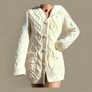 Chunky Cable Knit Hooded CARDIGAN Faux Fur Lined Sweater Tunic Length Pockets M